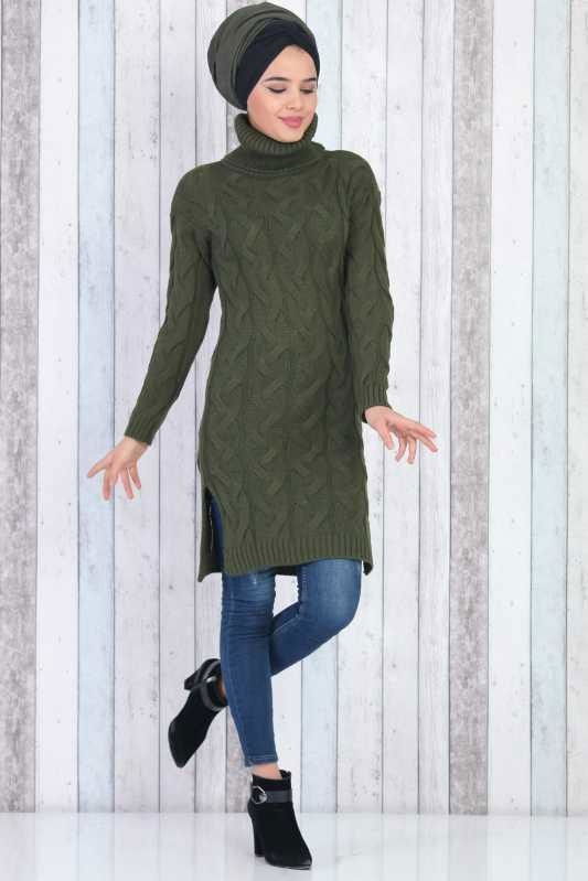 Düz Orta Kadın Haki Triko Tunik Haki - 01 9212 - 9212 HAKİ