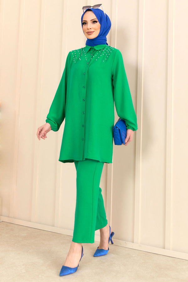 Düz Gömlek Yaka Kadın Yeşil Tunik+Pantolon - 22197 YEŞİL