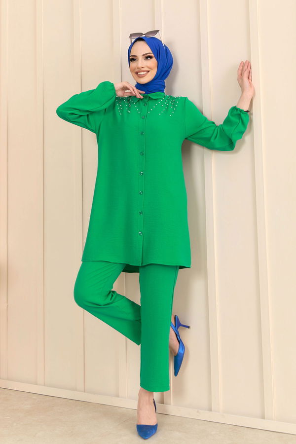 Düz Gömlek Yaka Kadın Yeşil Tunik+Pantolon - 22197 YEŞİL