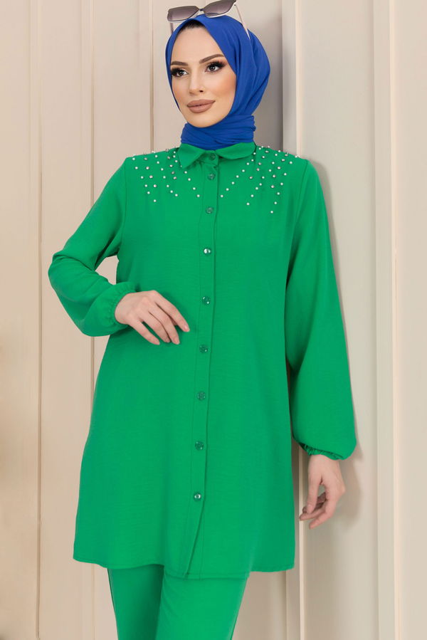Düz Gömlek Yaka Kadın Yeşil Tunik+Pantolon - 22197 YEŞİL