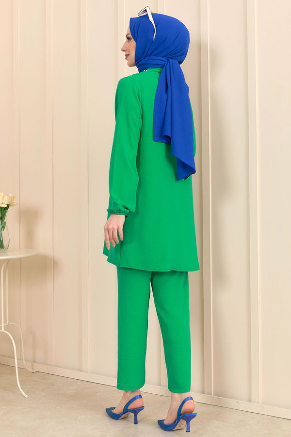 Düz Gömlek Yaka Kadın Yeşil Tunik+Pantolon - 22197 YEŞİL