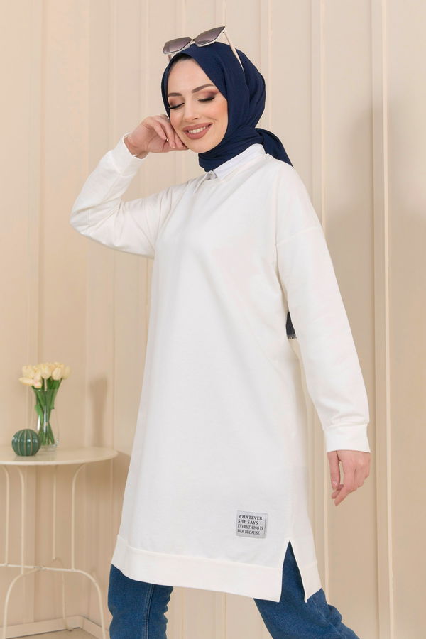 Düz Bisiklet Yaka Kadın Beyaz Sweat - 22239