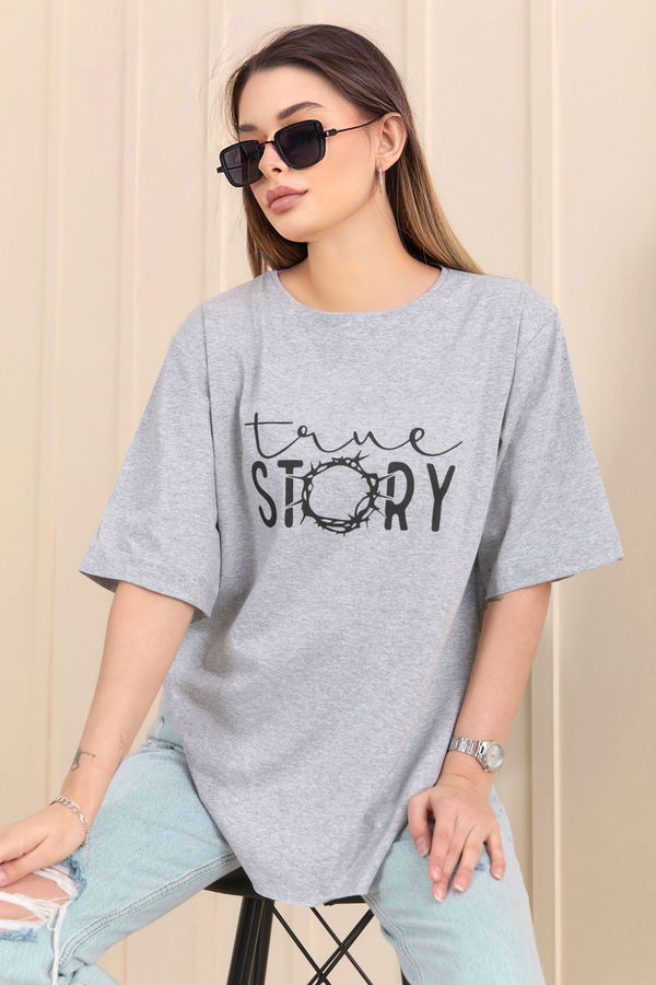 Düz Bisiklet Yaka Kadın Gri T-Shirt - 22244