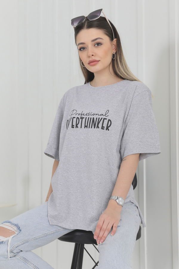 Düz Bisiklet Yaka Kadın Gri T-Shirt - 22244