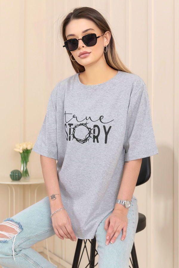 Düz Bisiklet Yaka Kadın Gri T-Shirt - 22244