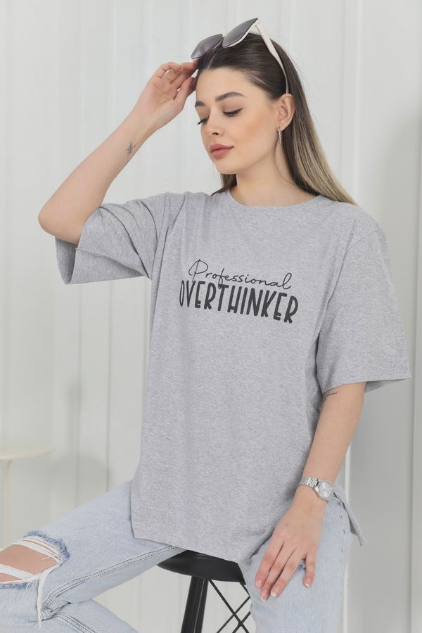 Düz Bisiklet Yaka Kadın Gri T-Shirt - 22244