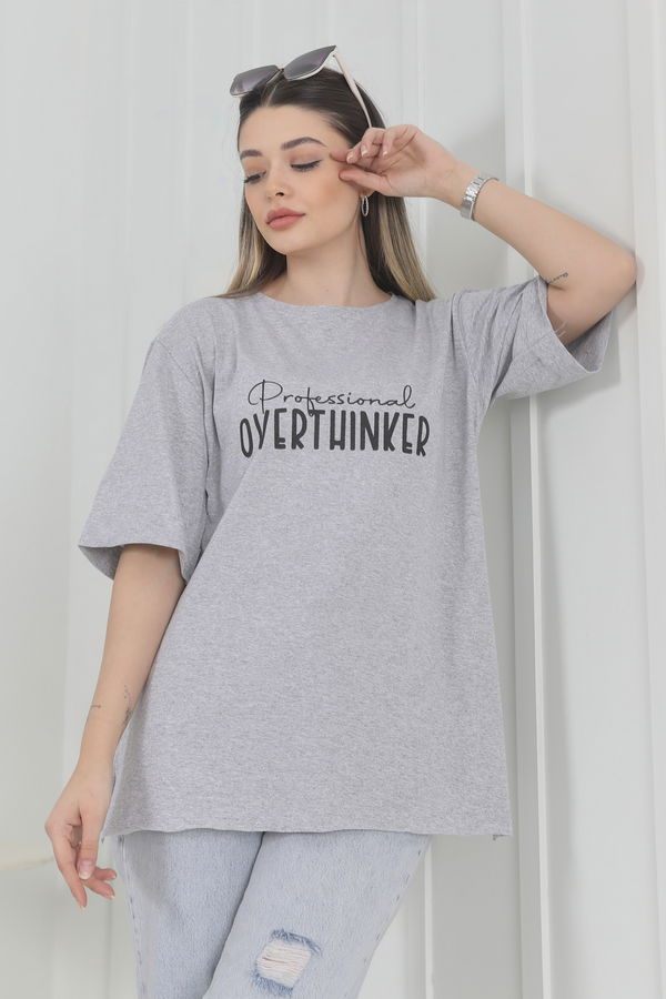 Düz Bisiklet Yaka Kadın Gri T-Shirt - 22244