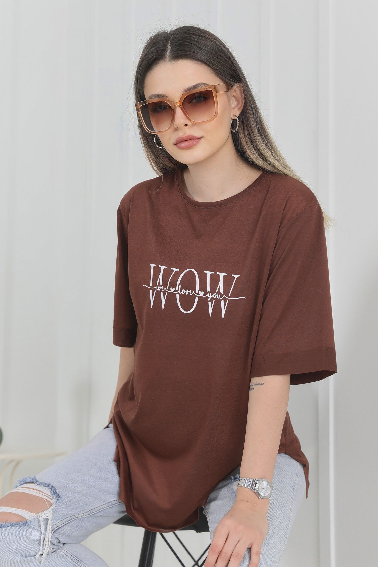Düz Bisiklet Yaka Kadın Kahverengi T-Shirt - 22247 KAHVERENGİ