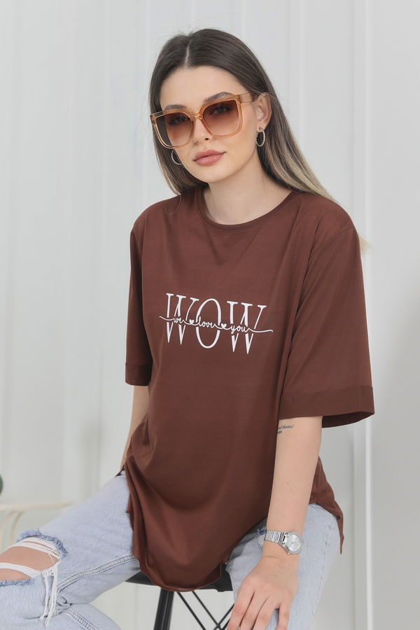Düz Bisiklet Yaka Kadın Kahverengi T-Shirt - 22247 KAHVERENGİ