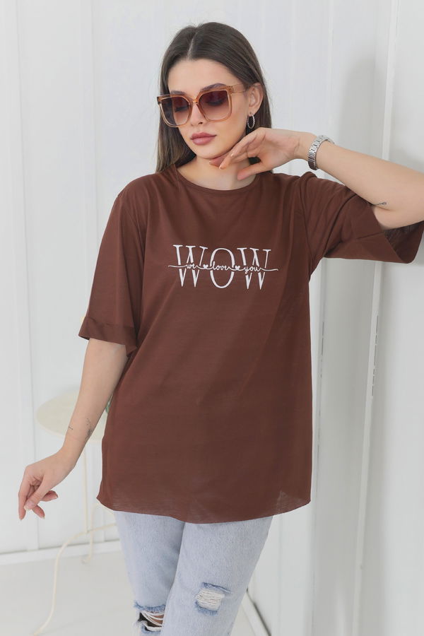 Düz Bisiklet Yaka Kadın Kahverengi T-Shirt - 22247 KAHVERENGİ