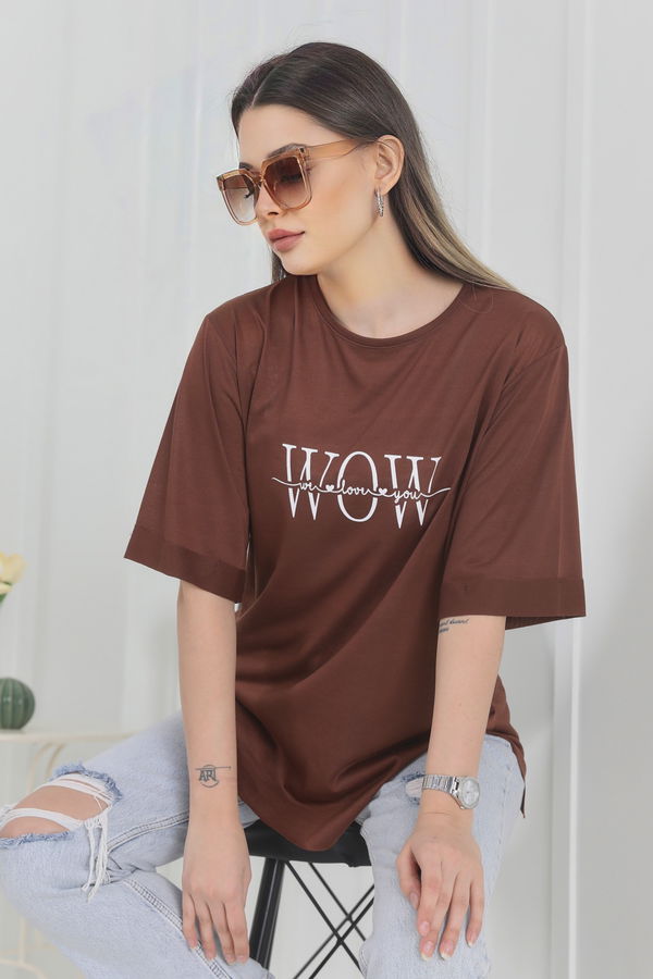 Düz Bisiklet Yaka Kadın Kahverengi T-Shirt - 22247 KAHVERENGİ