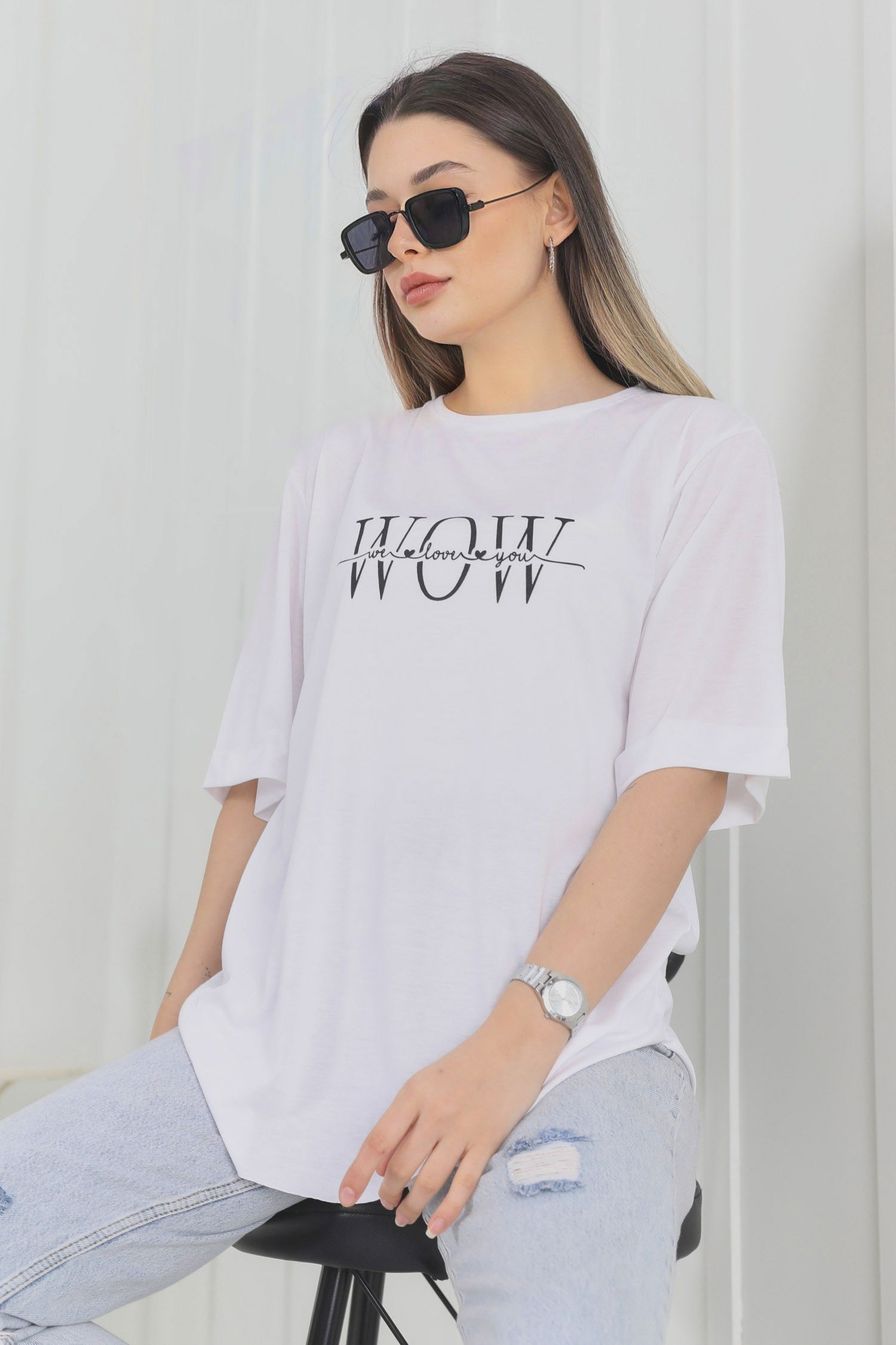 Düz Bisiklet Yaka Kadın Beyaz T-Shirt - 22247