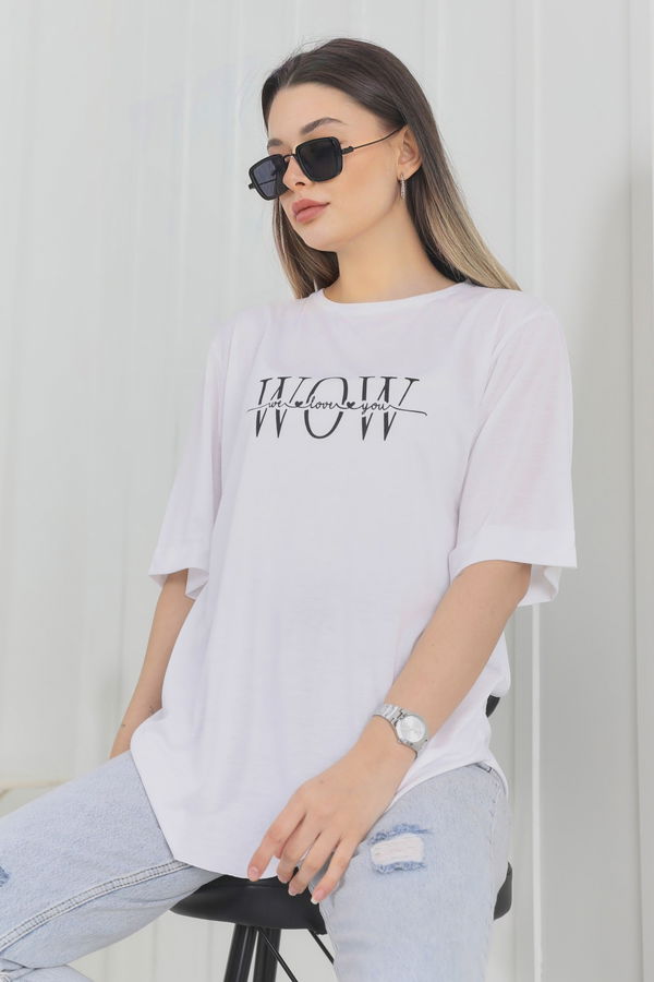 Düz Bisiklet Yaka Kadın Beyaz T-Shirt - 22247