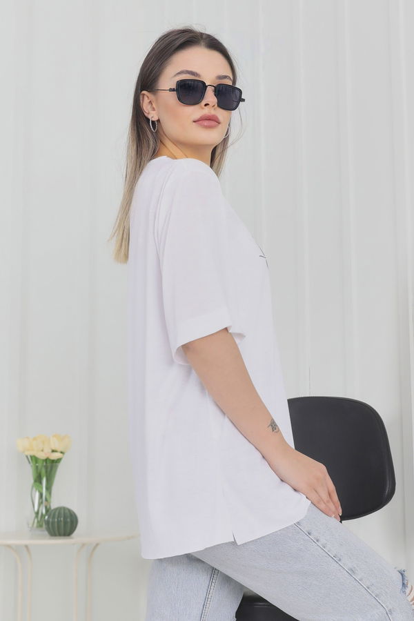 Düz Bisiklet Yaka Kadın Beyaz T-Shirt - 22247