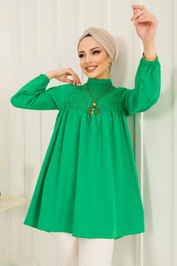 Düz Hakim Yaka Kadın Yeşil Tunik - 22264 YEŞİL