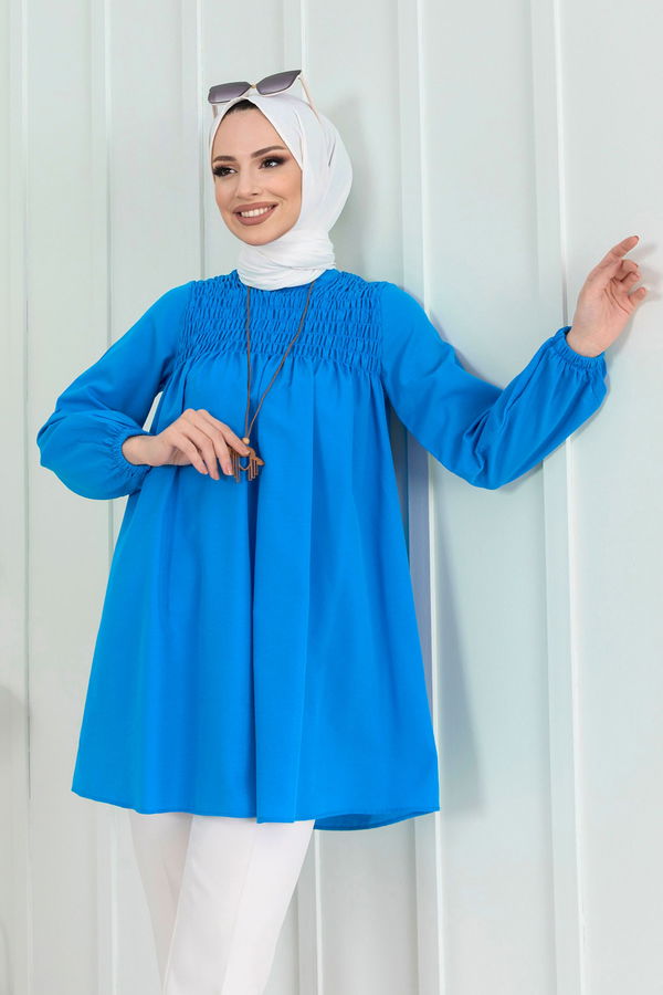 Düz Hakim Yaka Kadın Mavi Tunik - 22264 MAVİ