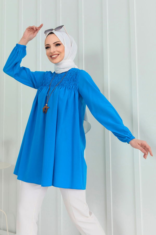 Düz Hakim Yaka Kadın Mavi Tunik - 22264 MAVİ