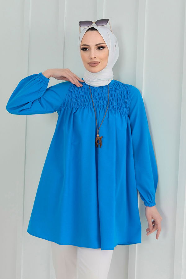 Düz Hakim Yaka Kadın Mavi Tunik - 22264 MAVİ