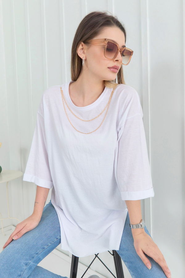Düz Bisiklet Yaka Kadın Beyaz T-Shirt - 22265