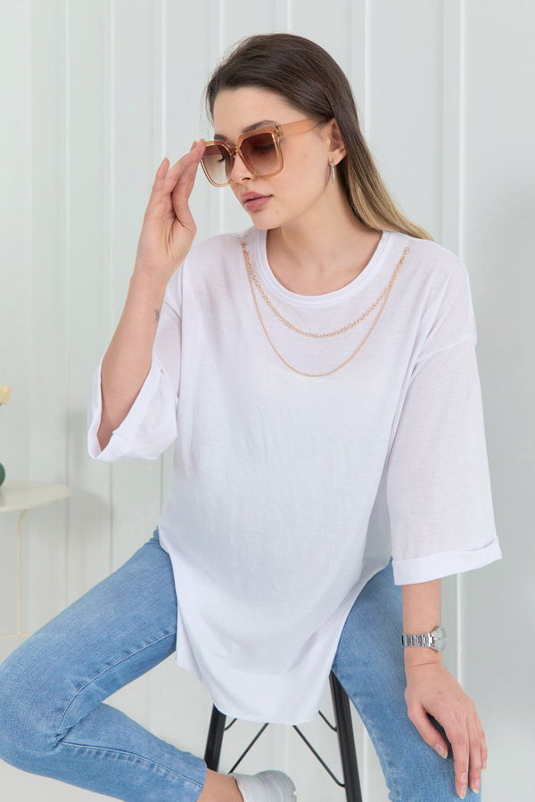 Düz Bisiklet Yaka Kadın Beyaz T-Shirt - 22265