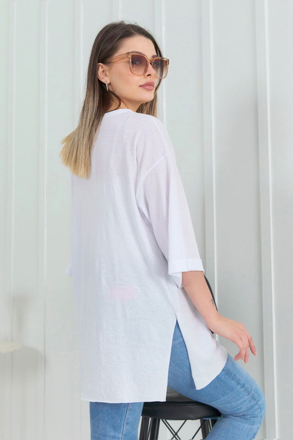 Düz Bisiklet Yaka Kadın Beyaz T-Shirt - 22265