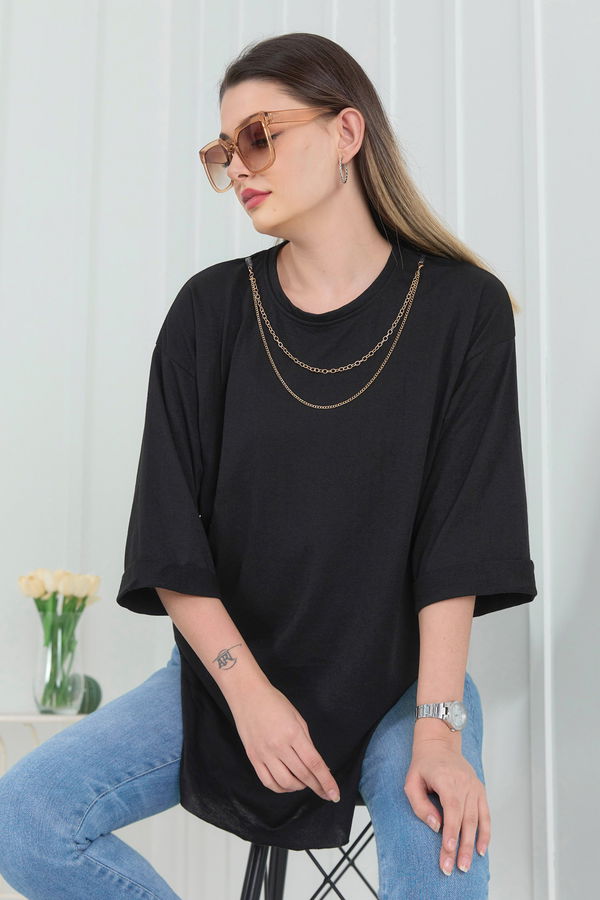 Düz Bisiklet Yaka Kadın Siyah T-Shirt - 22265 SİYAH