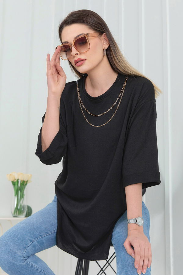 Düz Bisiklet Yaka Kadın Siyah T-Shirt - 22265 SİYAH