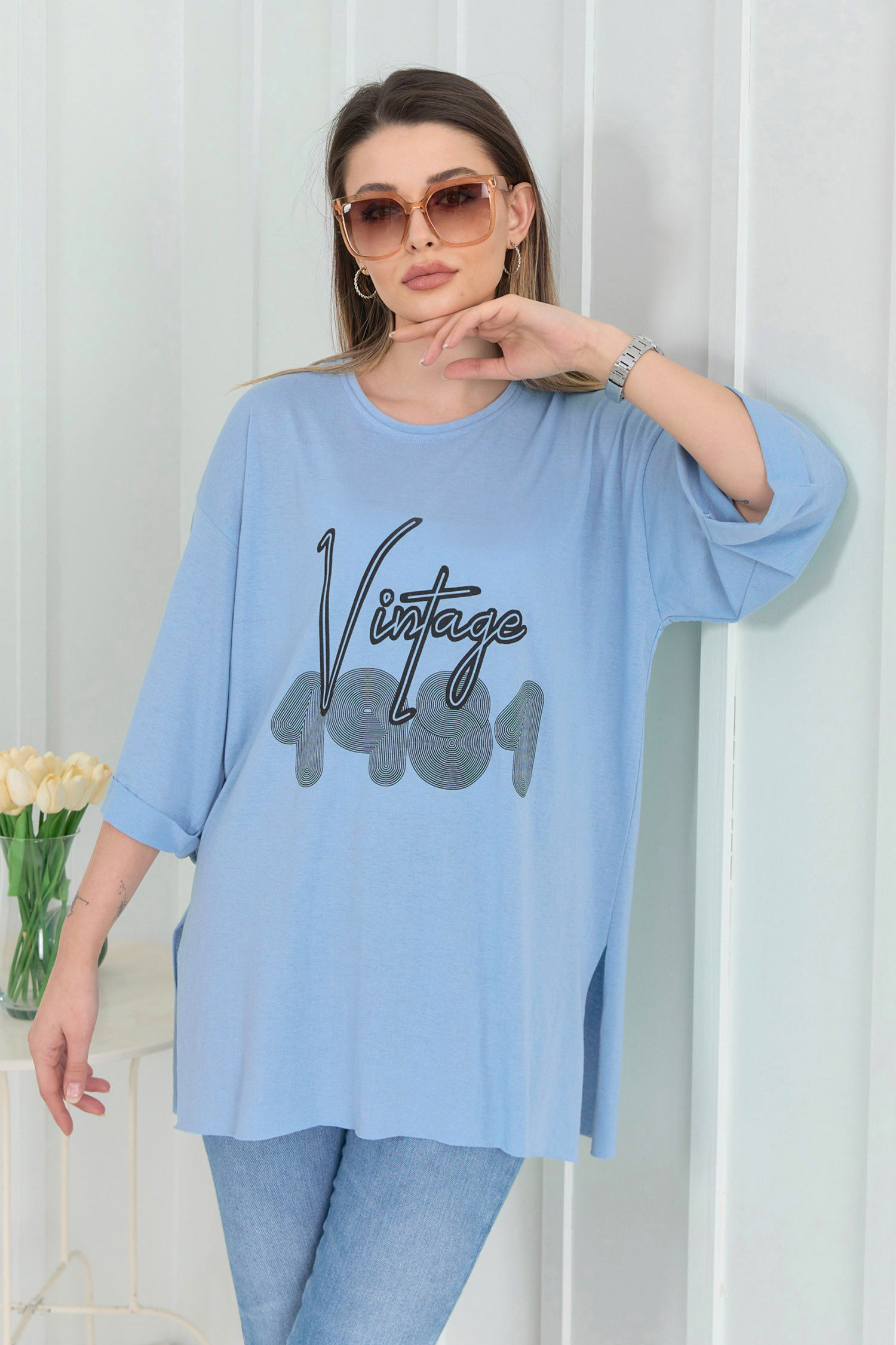 Düz Bisiklet Yaka Kadın Mavi T-Shirt - 22266