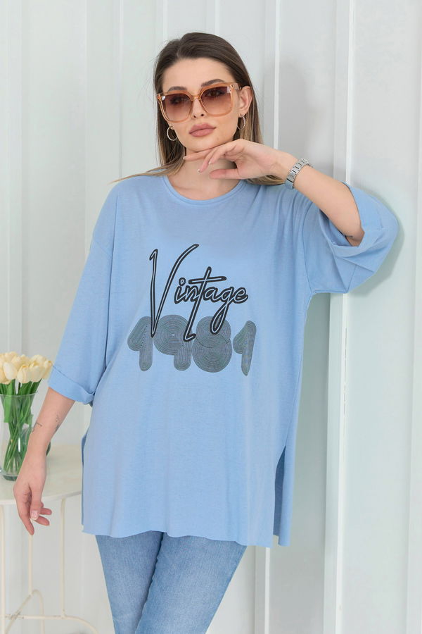 Düz Bisiklet Yaka Kadın Mavi T-Shirt - 22266