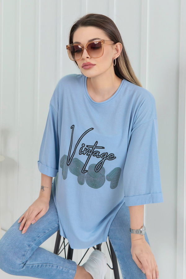 Düz Bisiklet Yaka Kadın Mavi T-Shirt - 22266