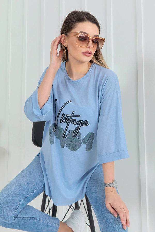 Düz Bisiklet Yaka Kadın Mavi T-Shirt - 22266