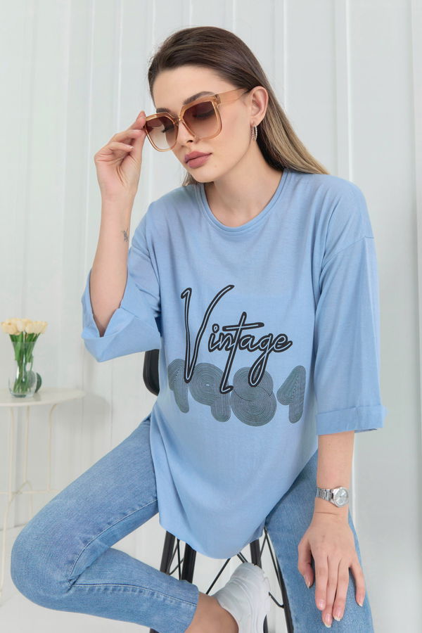 Düz Bisiklet Yaka Kadın Mavi T-Shirt - 22266