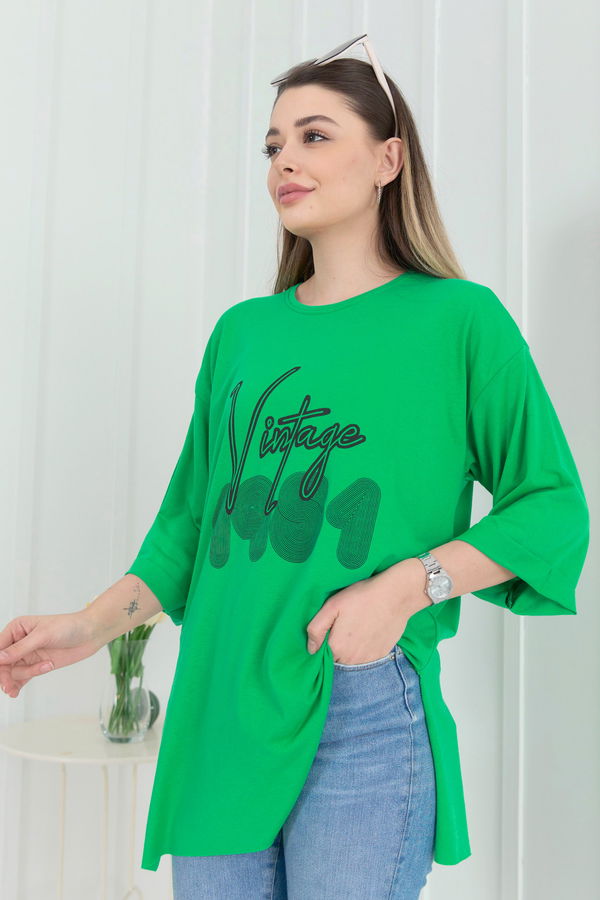 Düz Bisiklet Yaka Kadın Yeşil T-Shirt - 22266 YEŞİL
