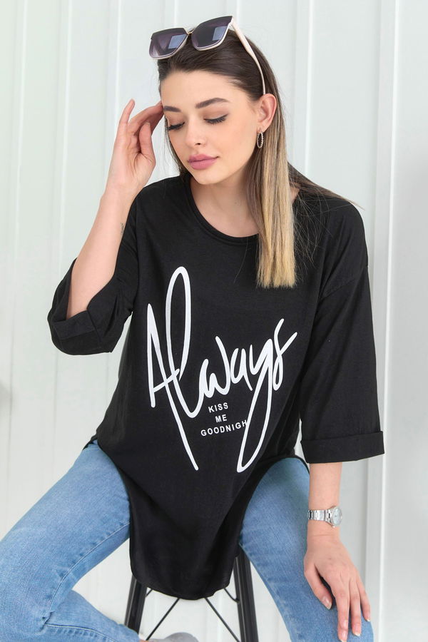 Düz Bisiklet Yaka Kadın Siyah T-Shirt - 22268 SİYAH