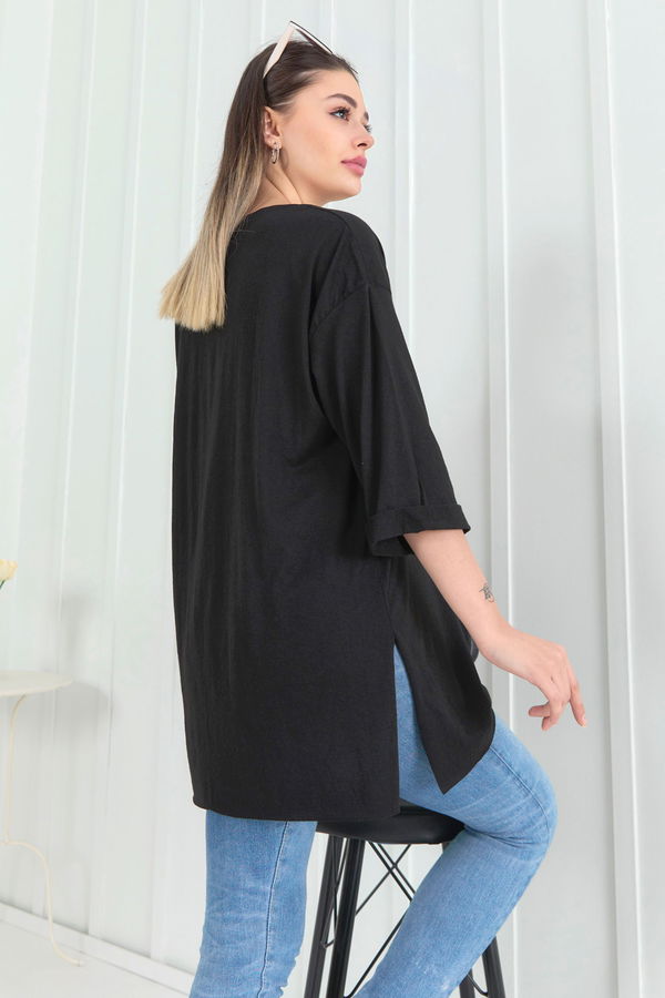 Düz Bisiklet Yaka Kadın Siyah T-Shirt - 22268 SİYAH