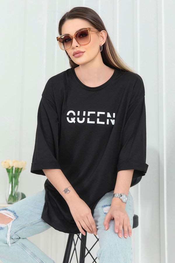 Düz Bisiklet Yaka Kadın Siyah T-Shirt - 22272