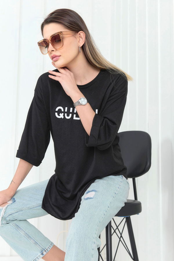 Düz Bisiklet Yaka Kadın Siyah T-Shirt - 22272