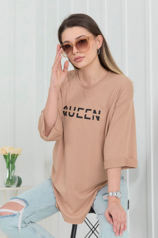 Düz Bisiklet Yaka Kadın Vizon T-Shirt - 22272 VİZON