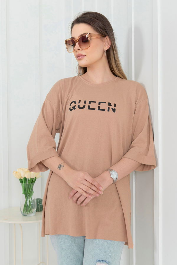 Düz Bisiklet Yaka Kadın Vizon T-Shirt - 22272 VİZON