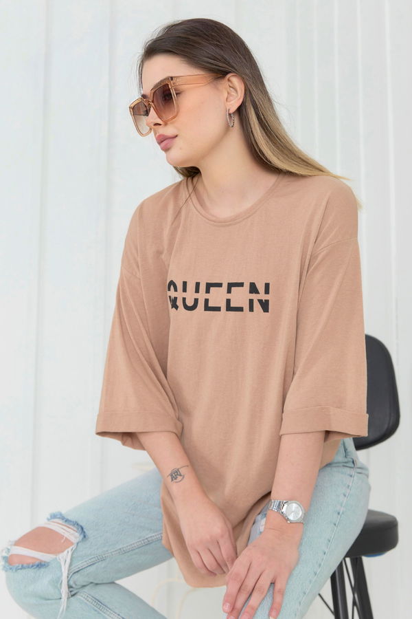 Düz Bisiklet Yaka Kadın Vizon T-Shirt - 22272 VİZON