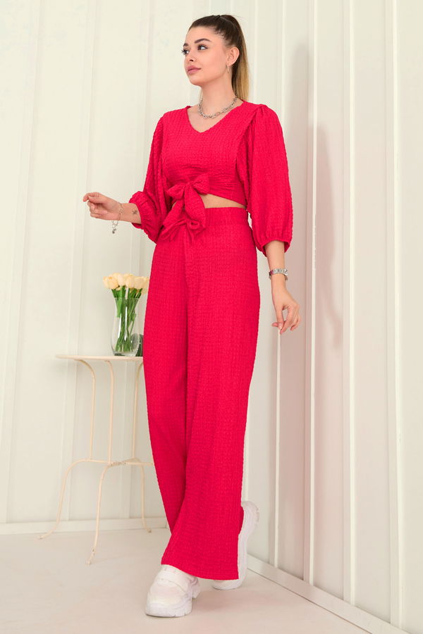 Düz Kruvaze Yaka Kadın Fuşya Bluz+Pantolon - 22282 FUŞYA