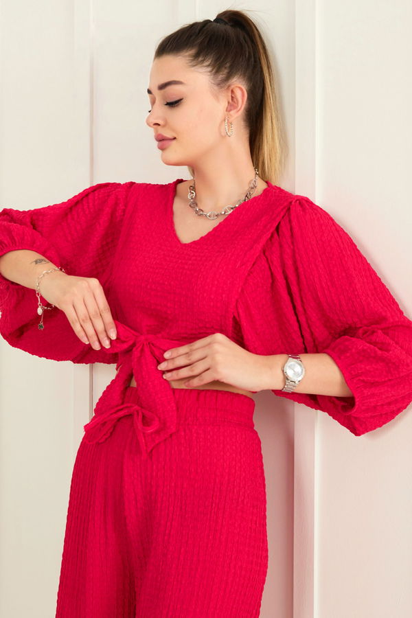 Düz Kruvaze Yaka Kadın Fuşya Bluz+Pantolon - 22282 FUŞYA