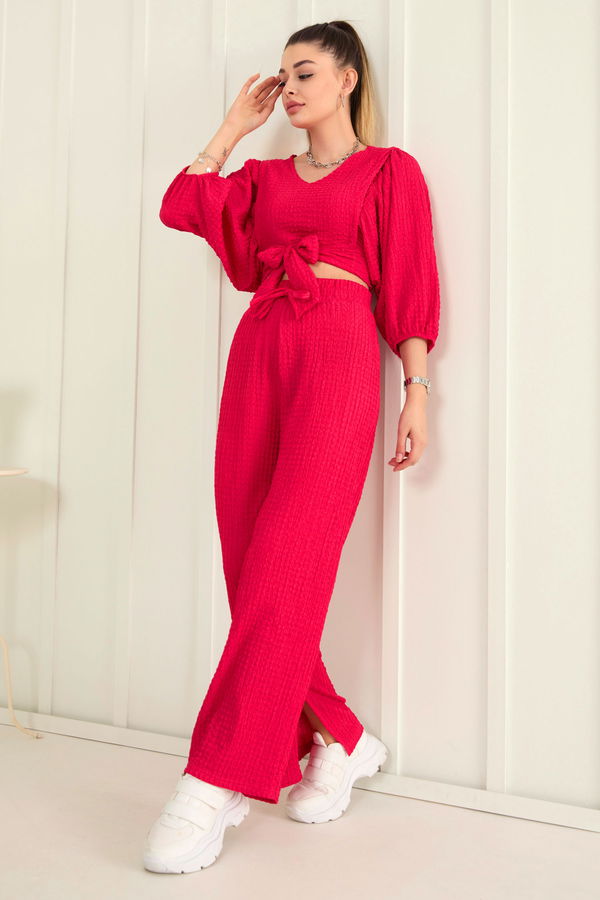 Düz Kruvaze Yaka Kadın Fuşya Bluz+Pantolon - 22282 FUŞYA