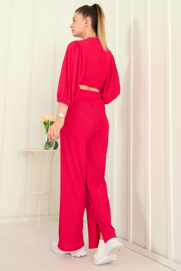 Düz Kruvaze Yaka Kadın Fuşya Bluz+Pantolon - 22282 FUŞYA