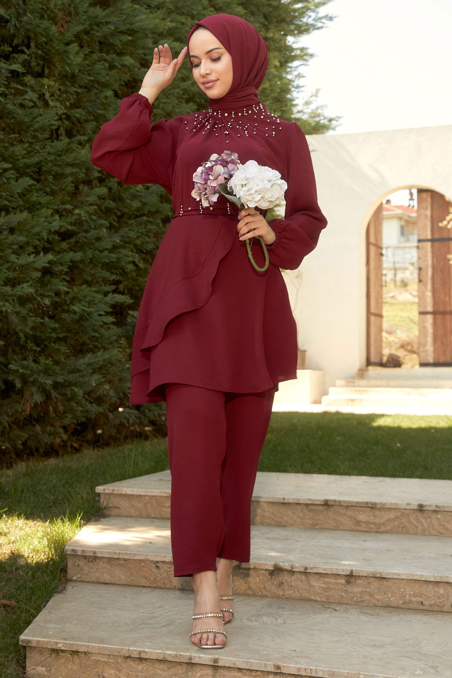 Düz Hakim Yaka Kadın Bordo Tunik+Pantolon - 22293 BORDO