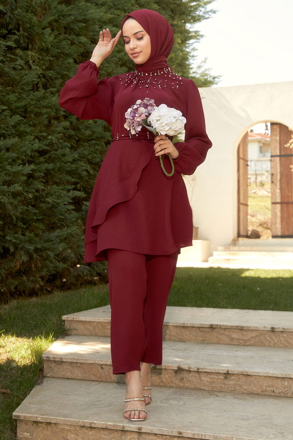 Düz Hakim Yaka Kadın Bordo Tunik+Pantolon - 22293 BORDO