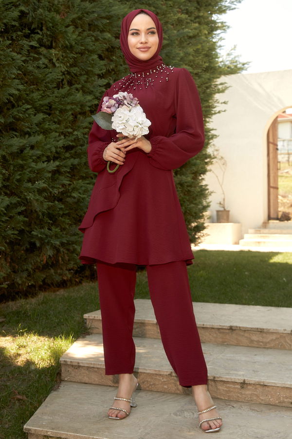 Düz Hakim Yaka Kadın Bordo Tunik+Pantolon - 22293 BORDO