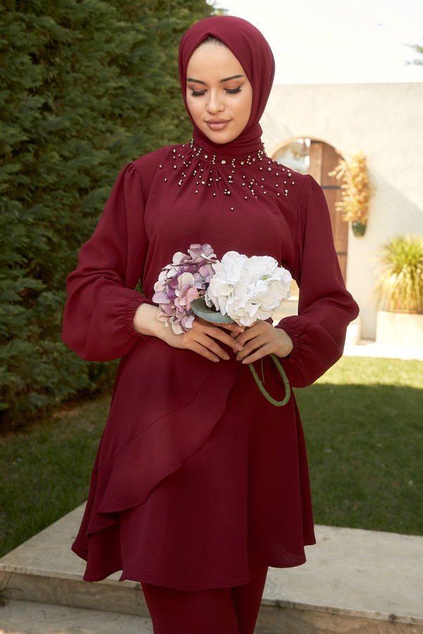 Düz Hakim Yaka Kadın Bordo Tunik+Pantolon - 22293 BORDO