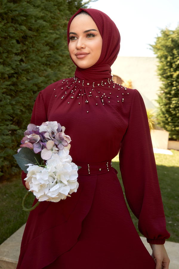 Düz Hakim Yaka Kadın Bordo Tunik+Pantolon - 22293 BORDO