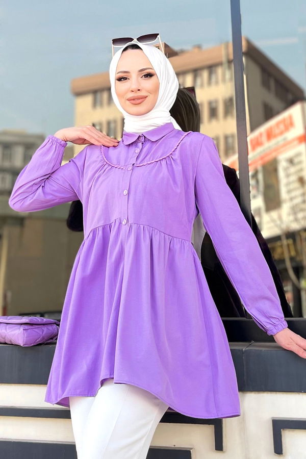 Düz Gömlek Yaka Kadın Lila Tunik - 22296